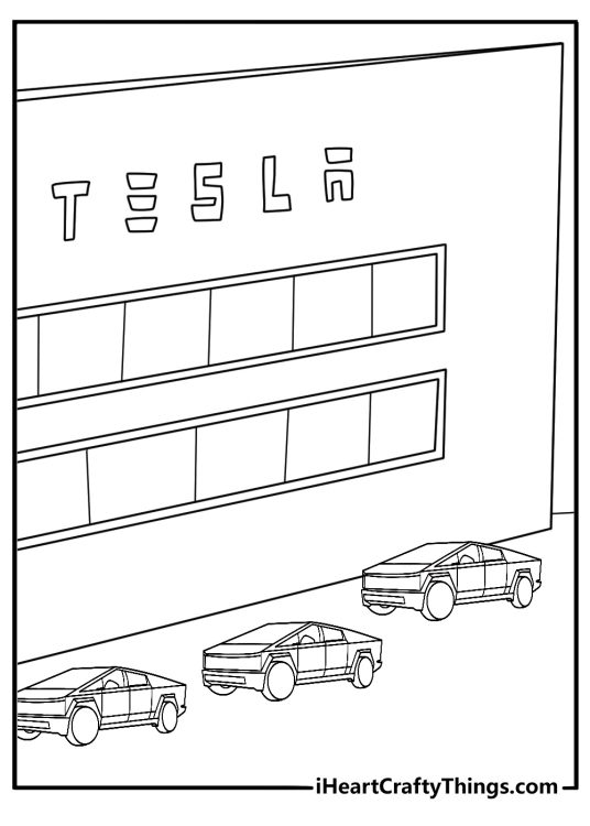 Tesla factory building with cars outside printable coloring sheet