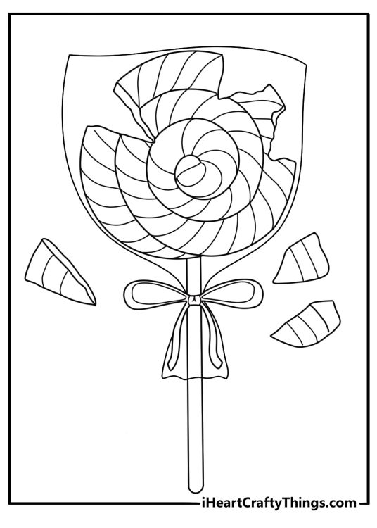 Wrapped lollipop with broken candy pieces cartoon coloring sheet