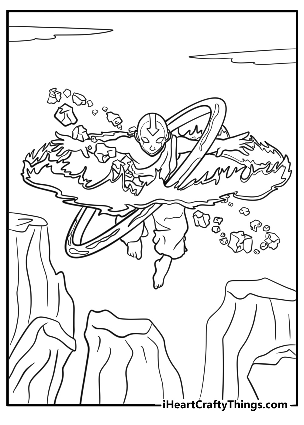 Aang bending all four elements coloring page for kids