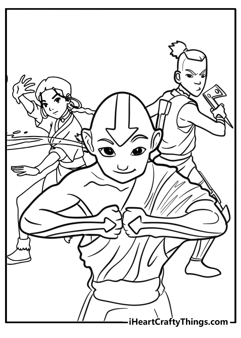 Aang katara and sokka together free coloring page pdf