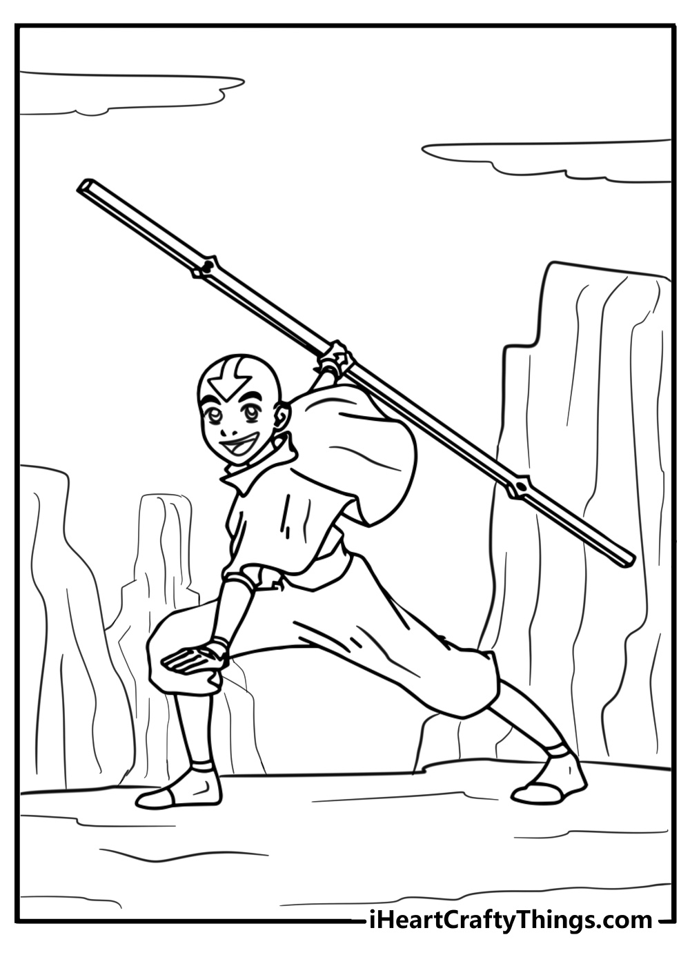 Aang with his airbending staff printable coloring page