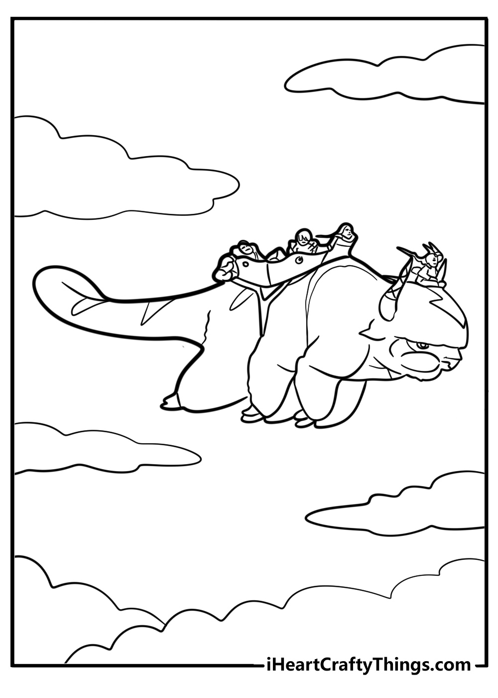 Appa flying with team avatar detailed coloring sheet