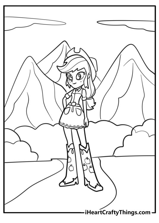 Applejack standing in the countryside fun equestria girls coloring sheet