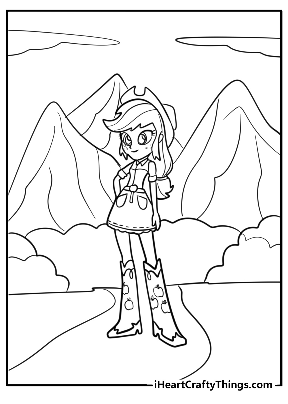 Applejack standing in the countryside fun equestria girls coloring sheet