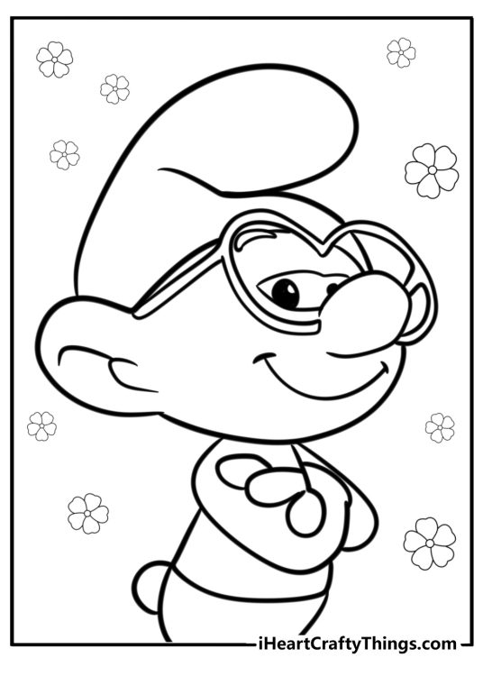 Brainy smurf wearing glasses fun printable coloring sheet