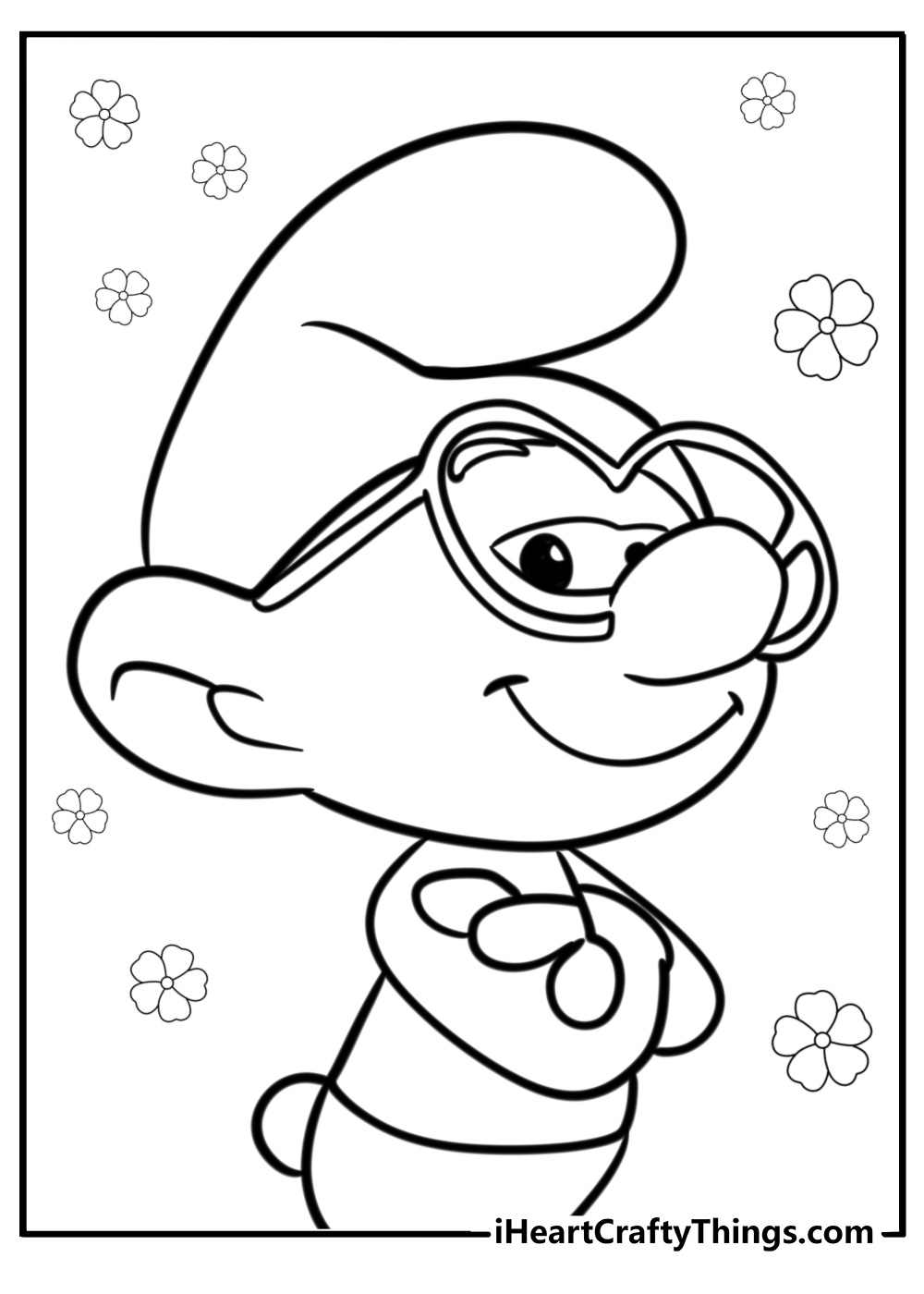 Brainy smurf wearing glasses fun printable coloring sheet