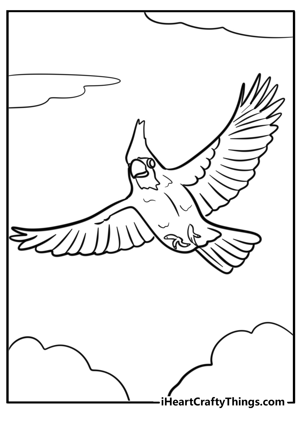 Cardinal flying through the sky fun coloring sheet for kids