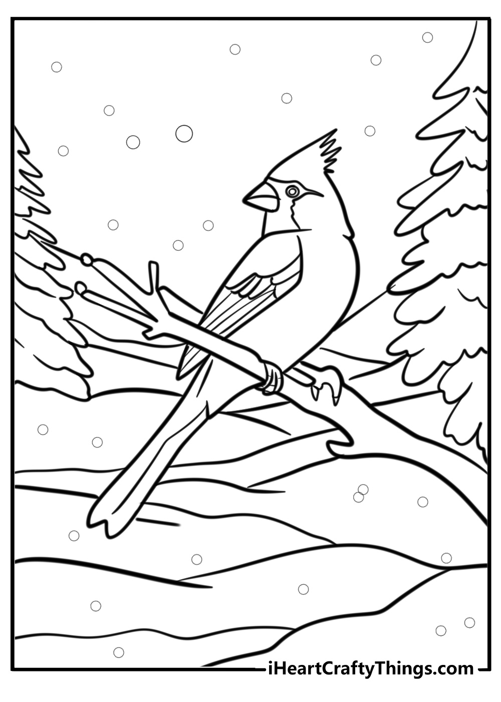 Cardinal in a winter scene printable coloring page