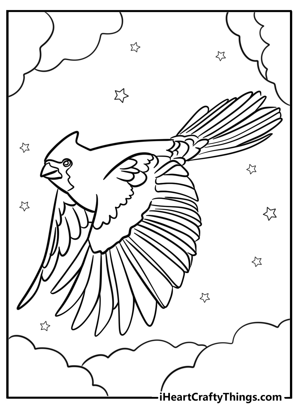 Cardinal in flight with spread wings fun coloring sheet