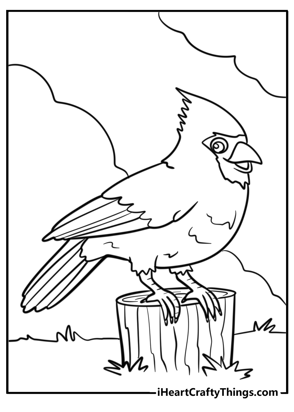 Cardinal resting on a tree stump detailed coloring sheet