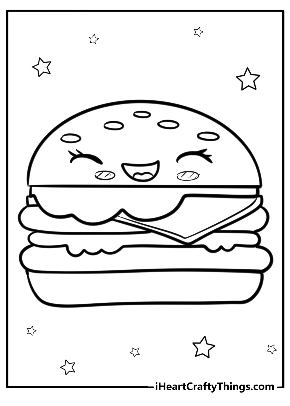 Cartoon hamburger with a cute face fun coloring sheet