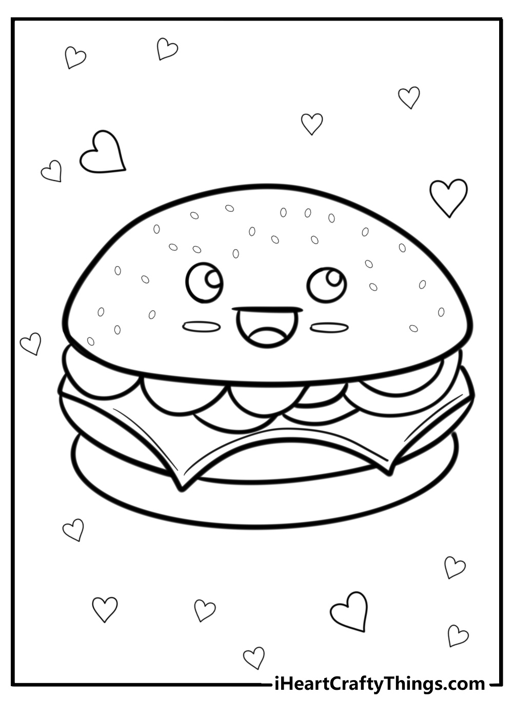 Cartoon hamburger with a smile fun printable coloring sheet