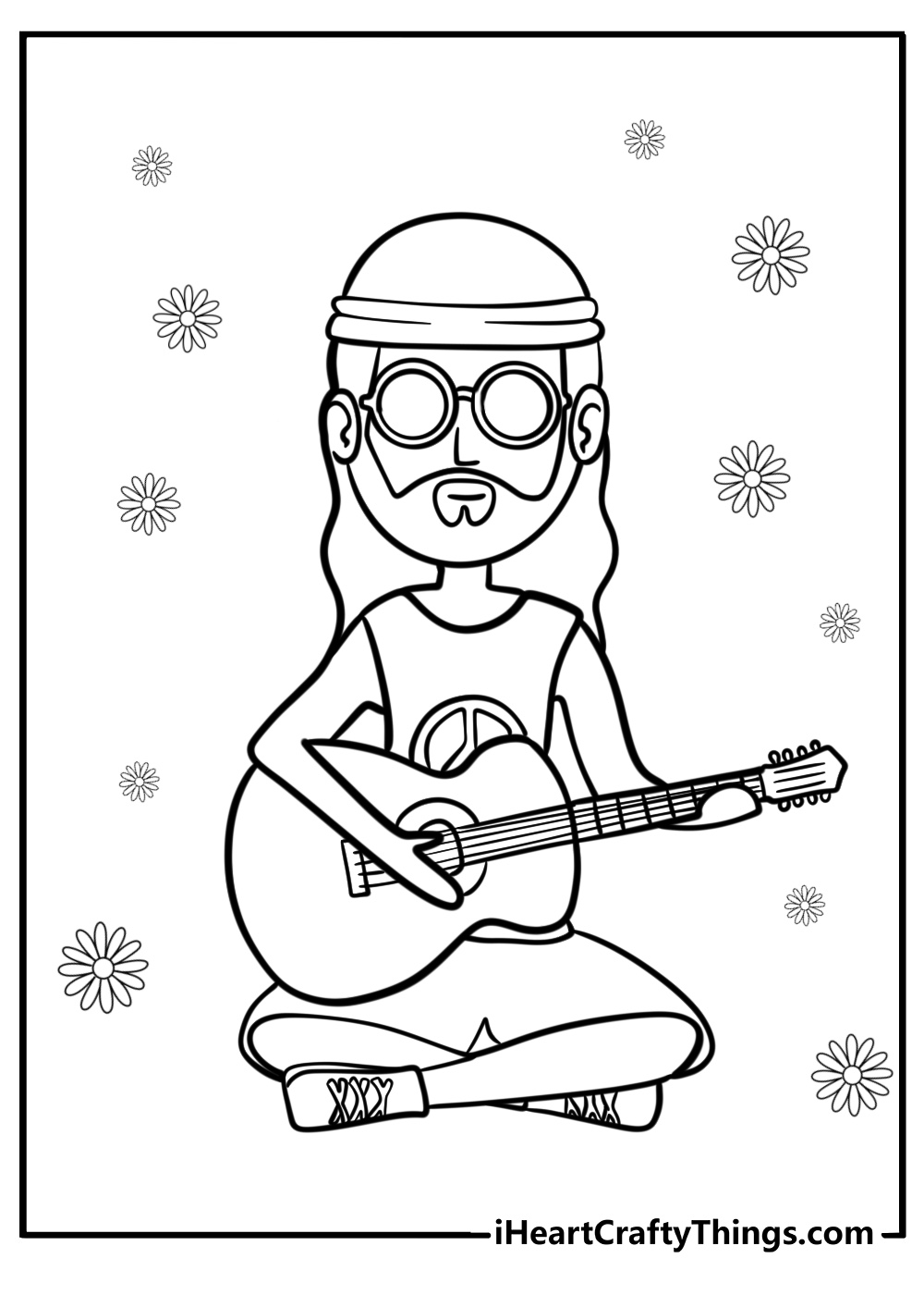 Cartoon hippie playing guitar fun coloring sheet