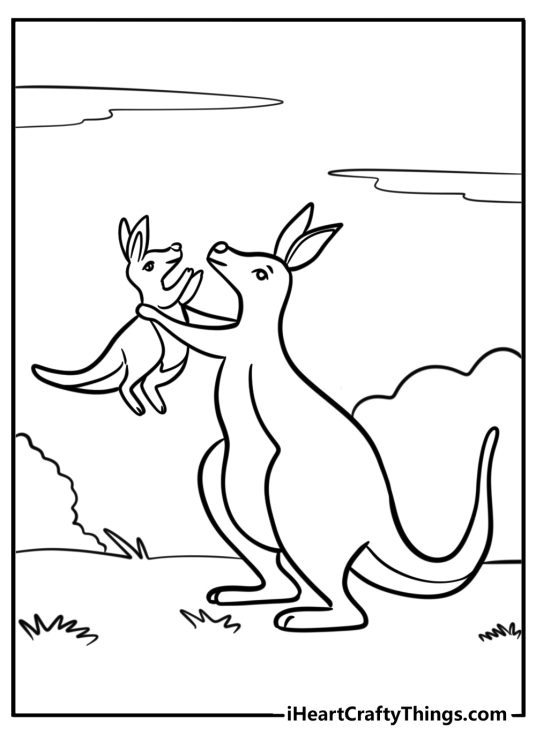 Printable coloring image presenting cartoony mother kangaroo playing with her joey