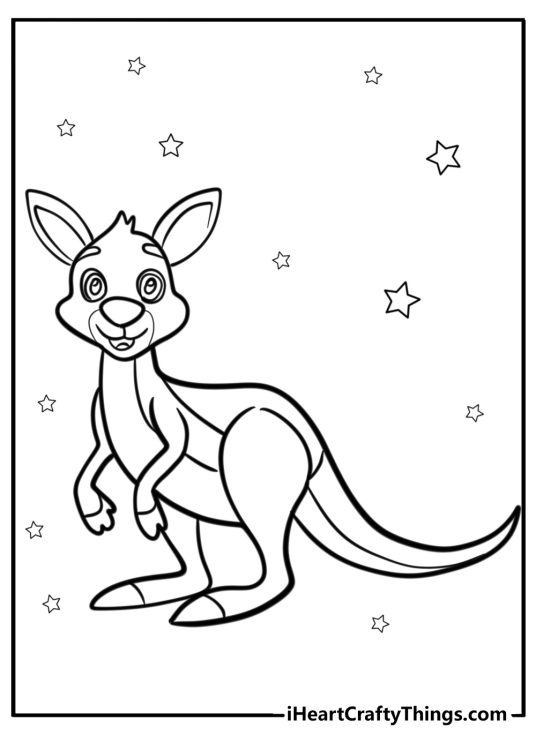 Free picture for pre-schoolers featuring cartoony kangaroo surrounded by many stars