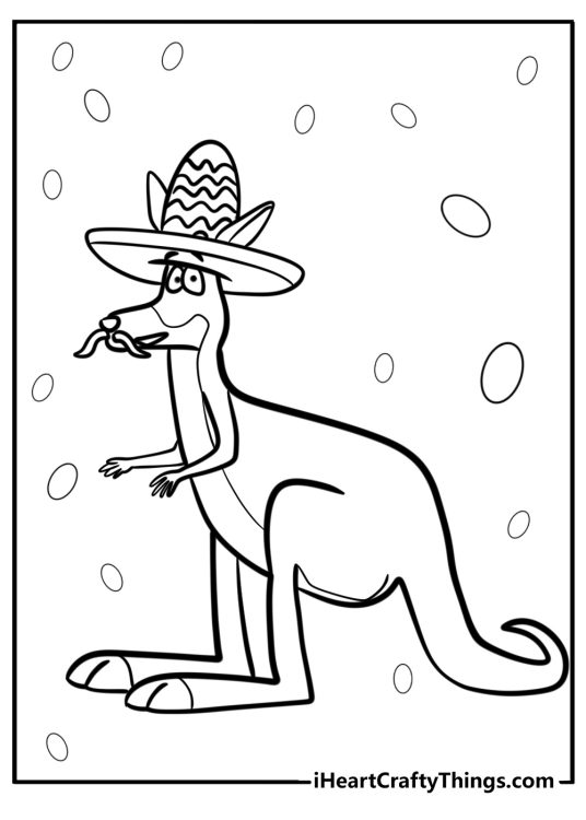 Coloring picture for kids featuring cartoony kangaroo with a mustache wearing fancy hat