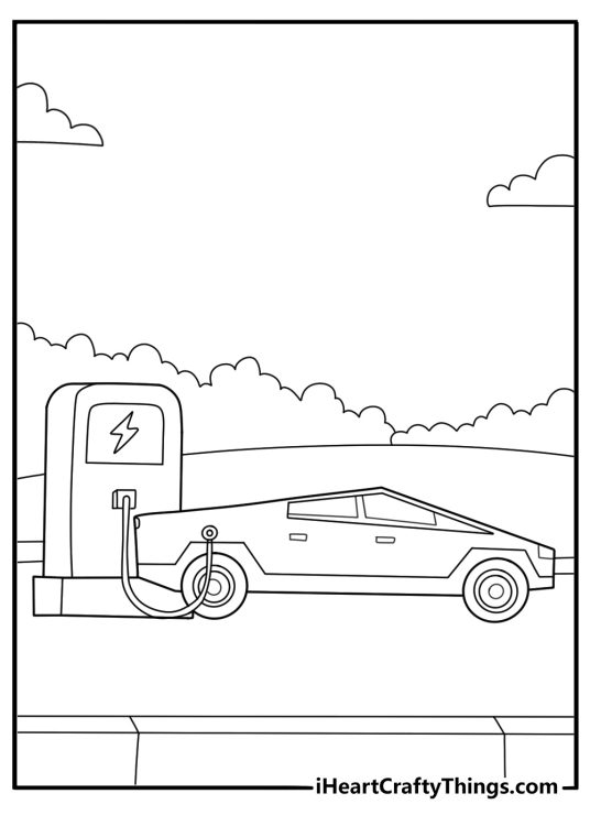 cartoon style Tesla car at a charging station for kids