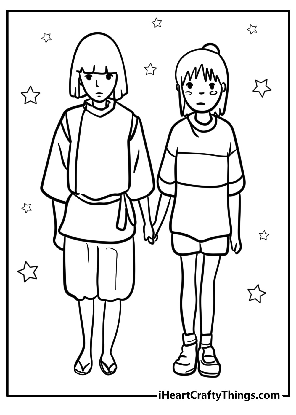 Chihiro and haku holding hands fun studio ghibli coloring sheet