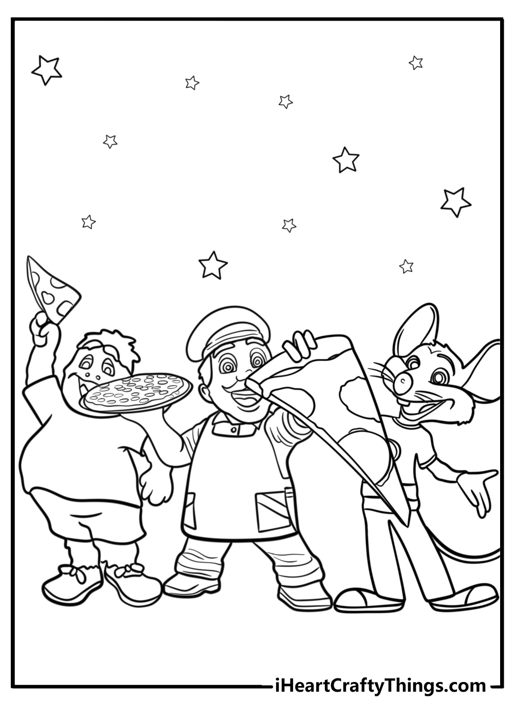 Chuck e cheese and friends having pizza detailed coloring sheet