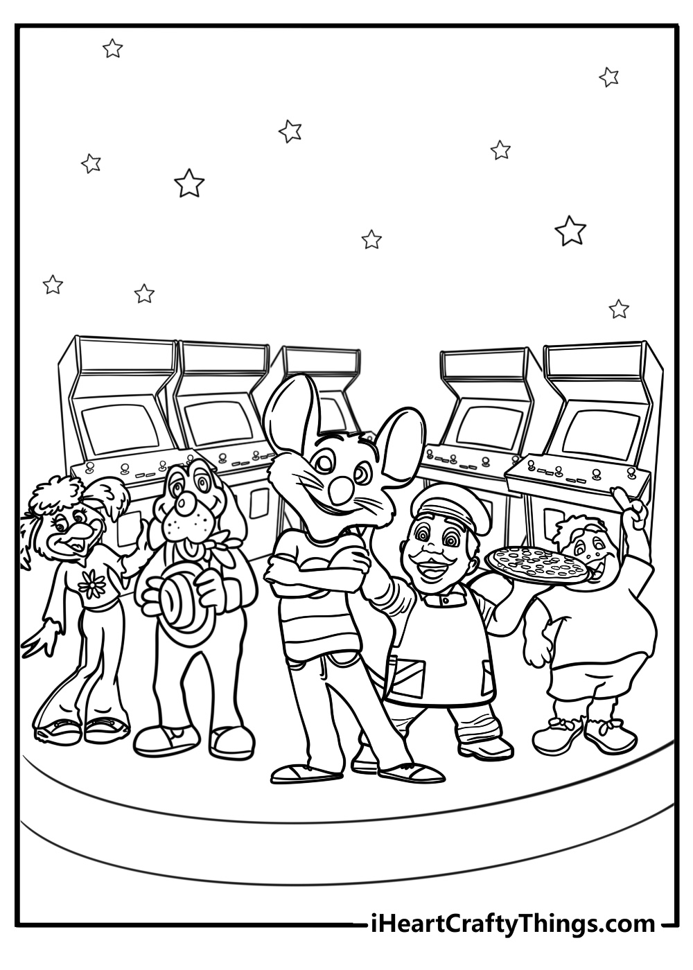 Chuck e cheese and friends playing arcade games coloring sheet