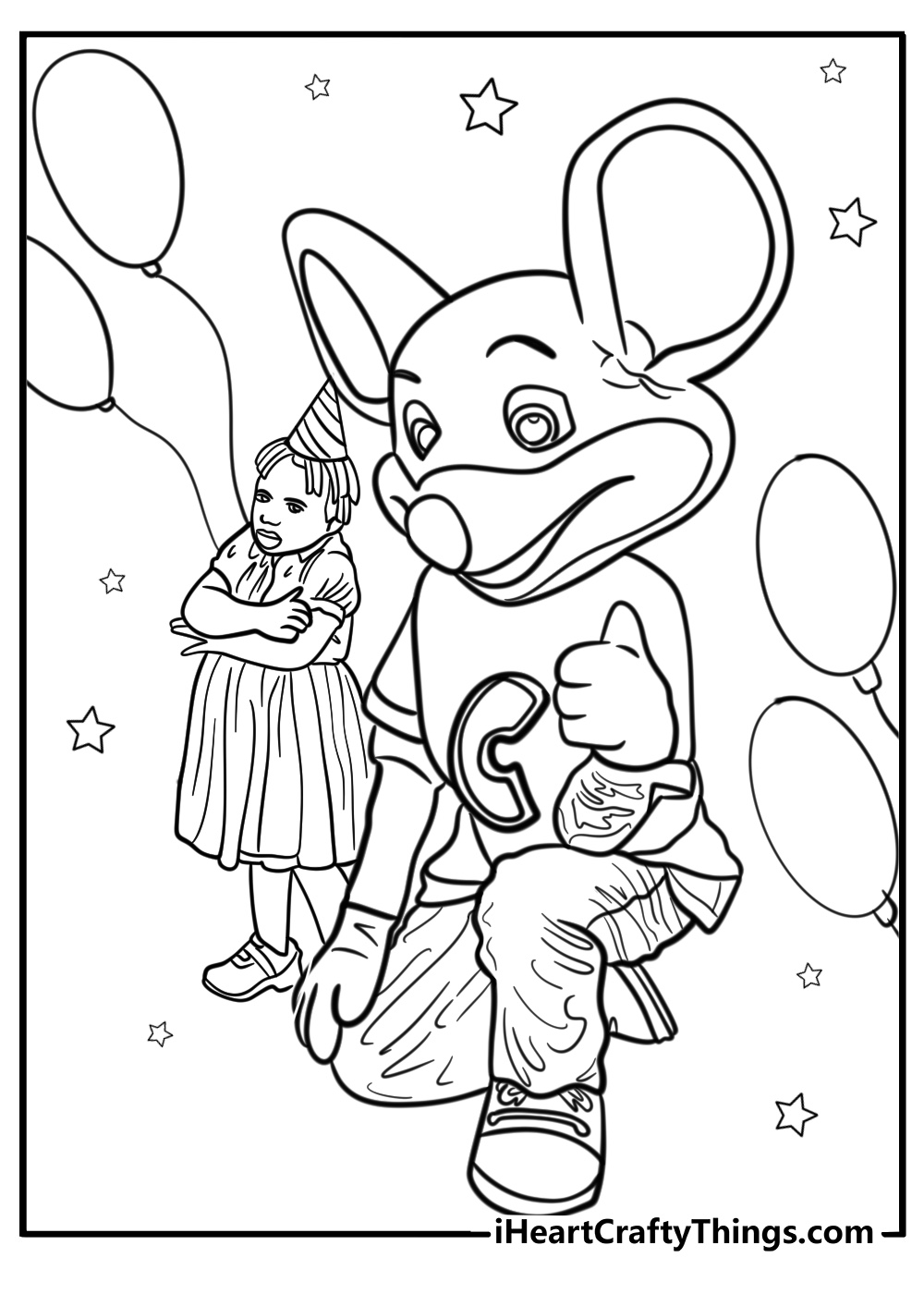 Chuck e cheese celebrating a birthday detailed coloring sheet