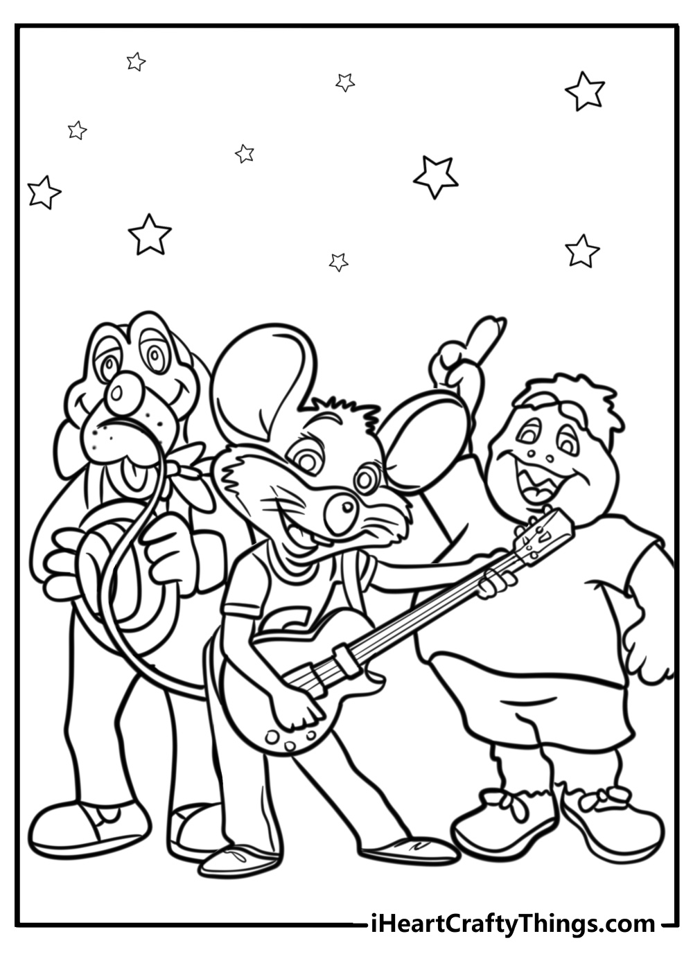 Chuck e cheese performing with friends detailed coloring sheet