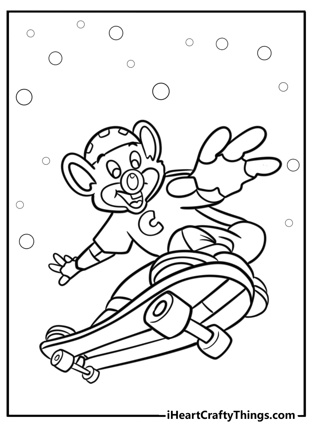 Chuck e cheese riding a skateboard  coloring page for kids