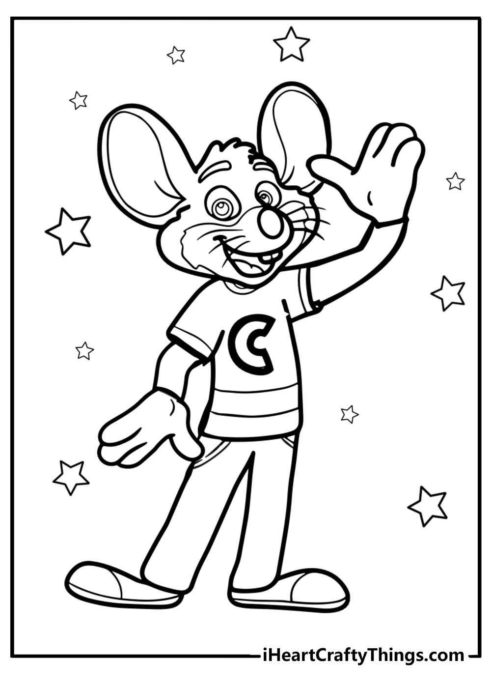 Chuck e cheese smiling and waving coloring page for kids