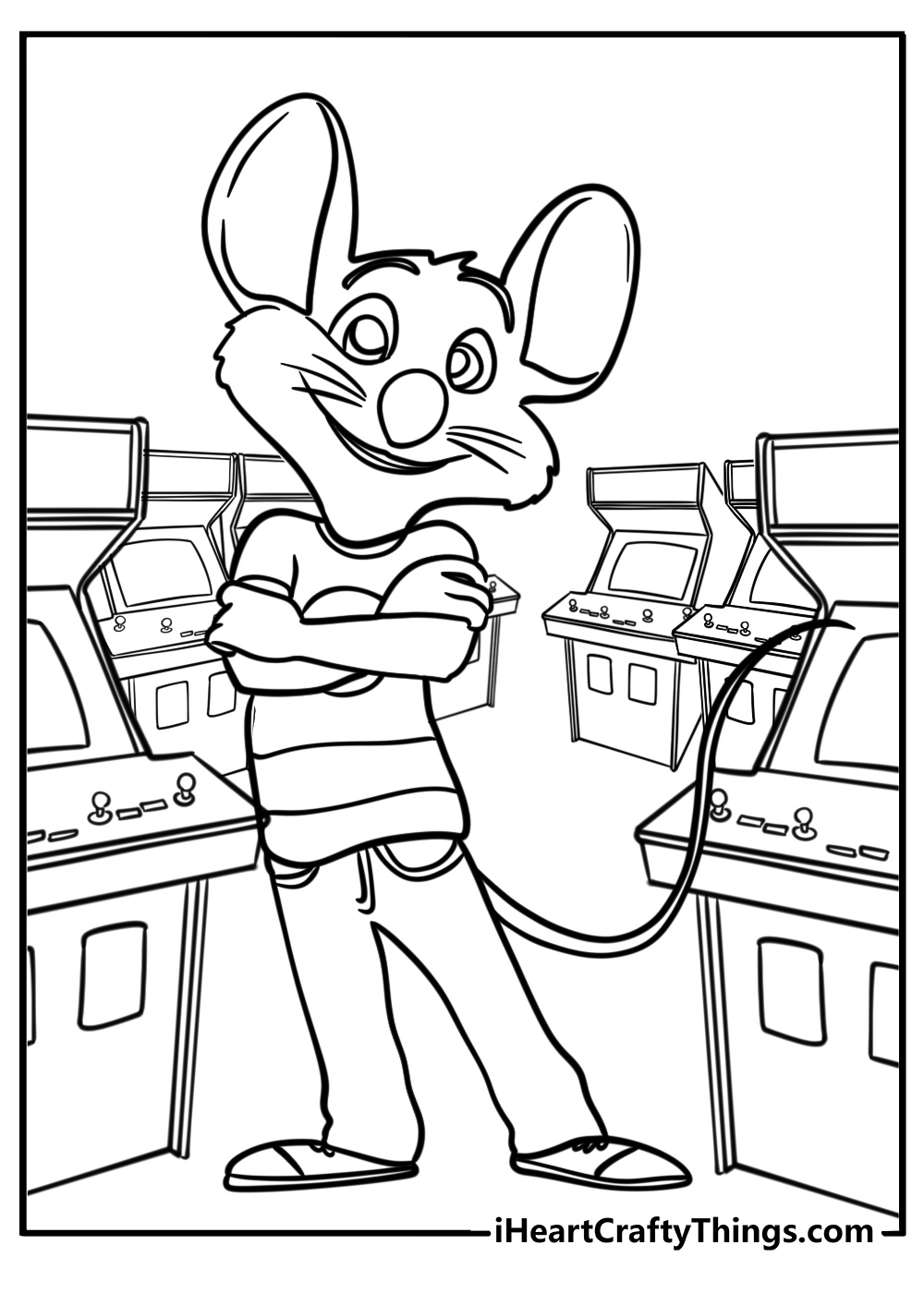 Chuck e cheese surrounded by arcade games free coloring page