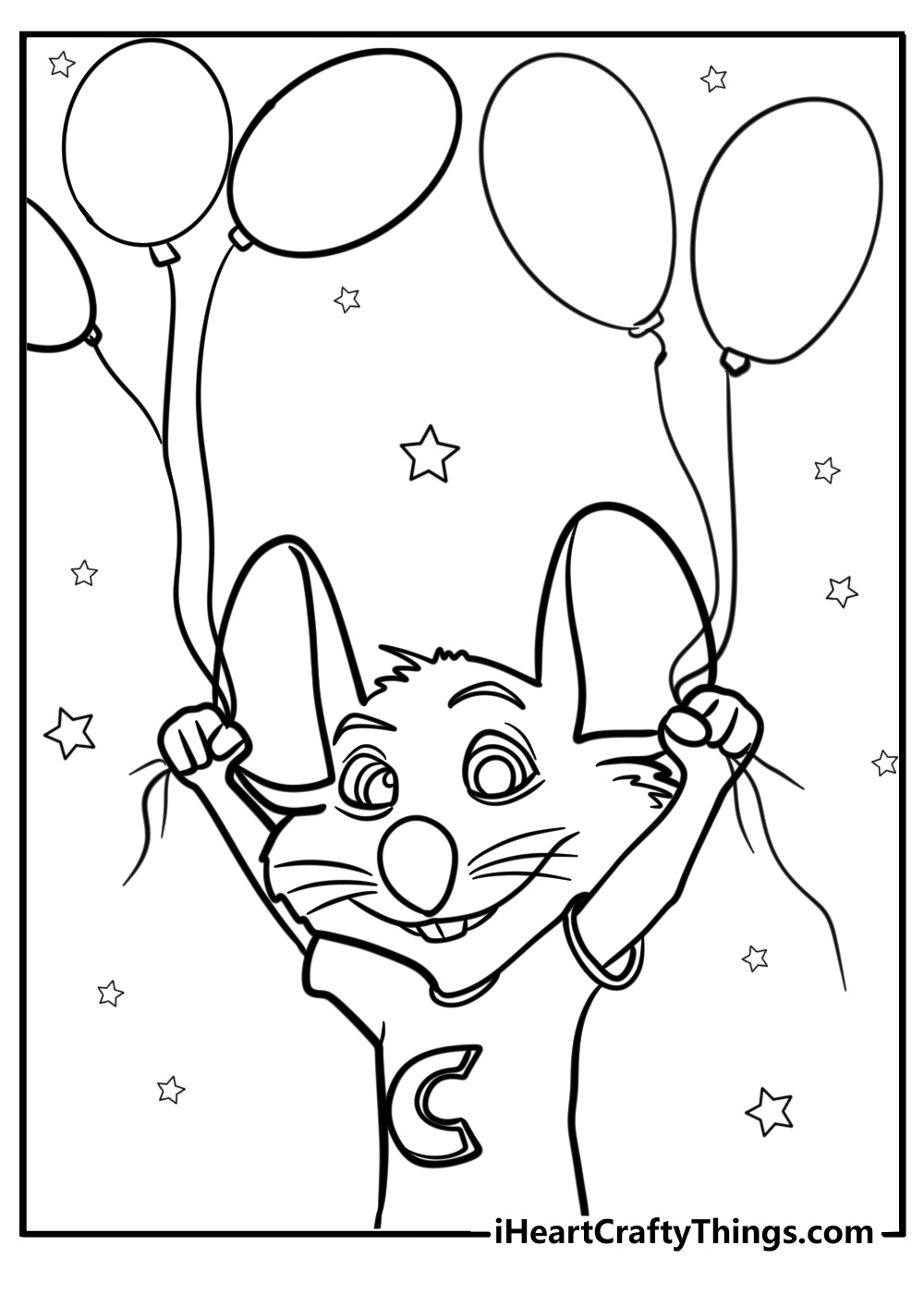 Chuck e cheese with balloons at a party free coloring page pdf