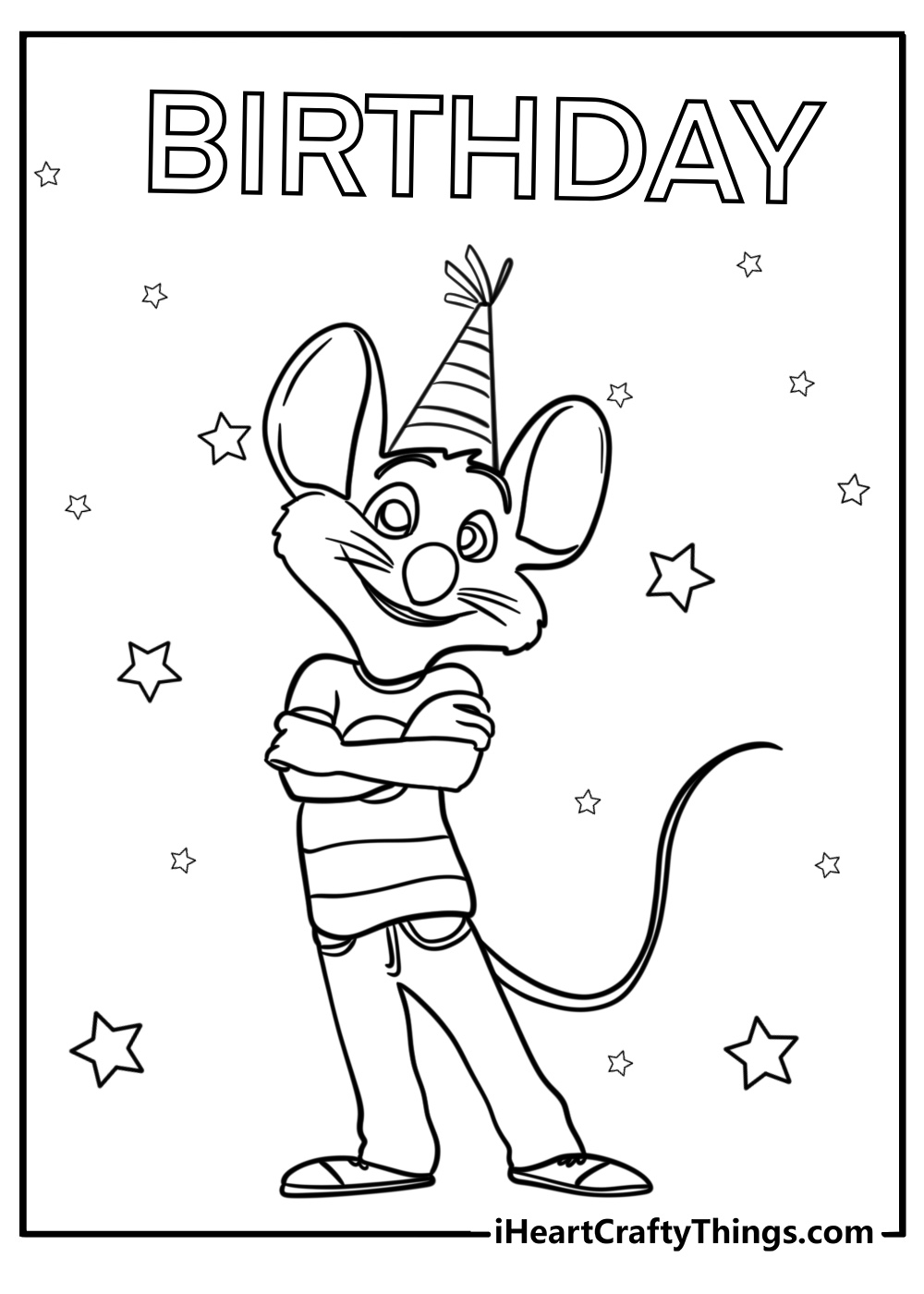 Chuck e cheese with party hats free printable coloring page