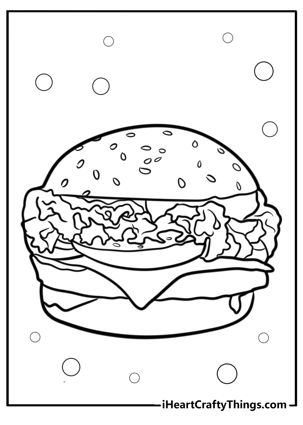 Classic hamburger with lettuce and cheese coloring page for kids