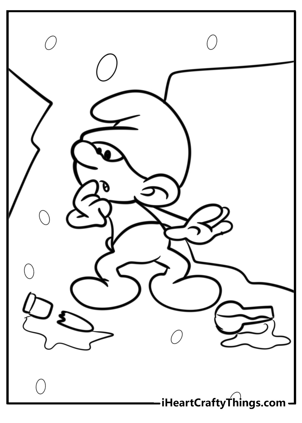 Clumsy smurf making a mess printable coloring page