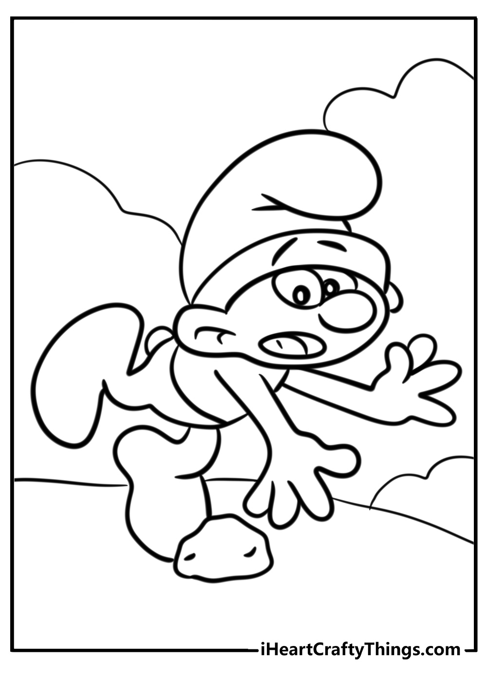 Clumsy smurf tripping over a rock fun printable coloring sheet