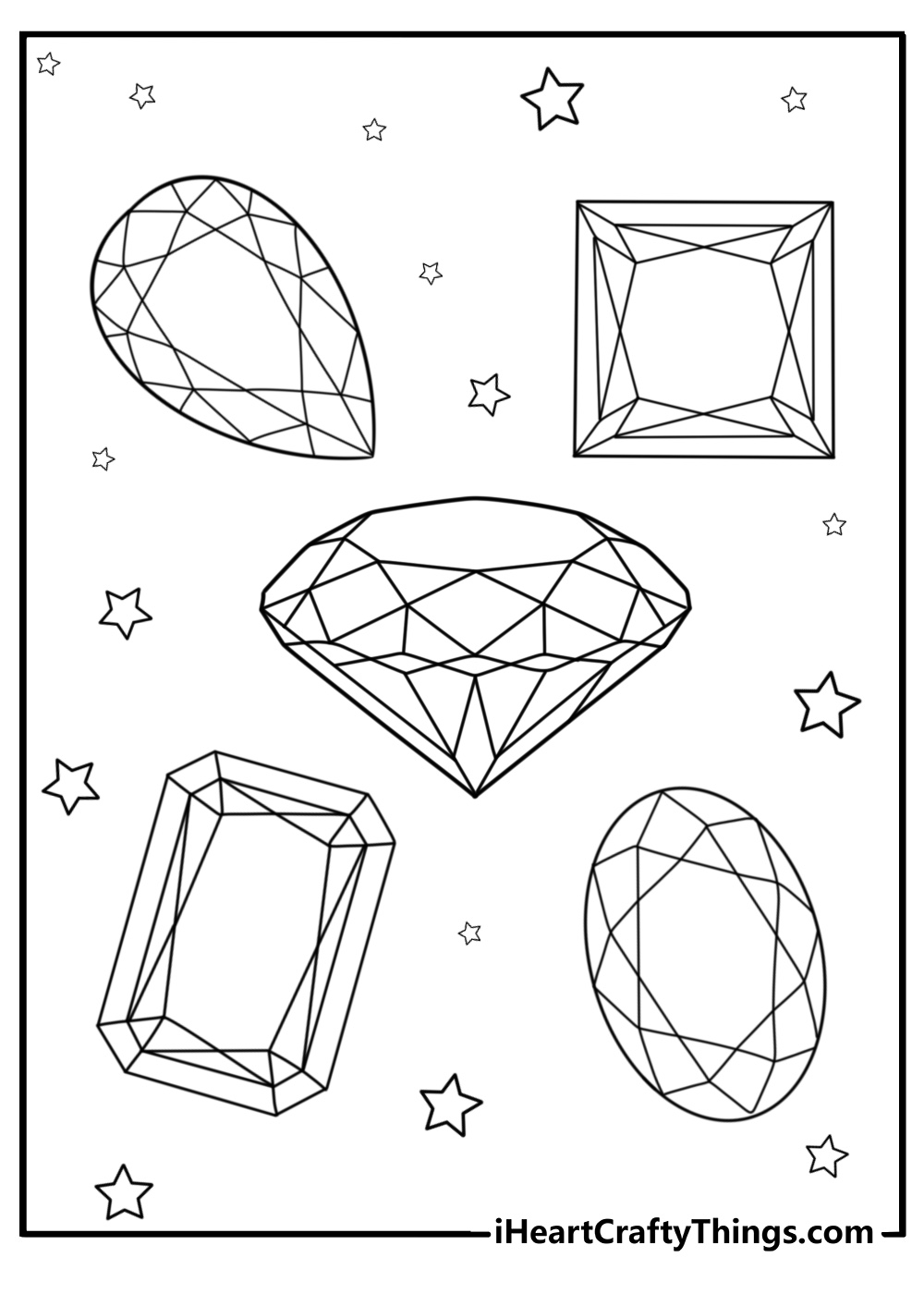 Cluster of diamonds in various shapes coloring page