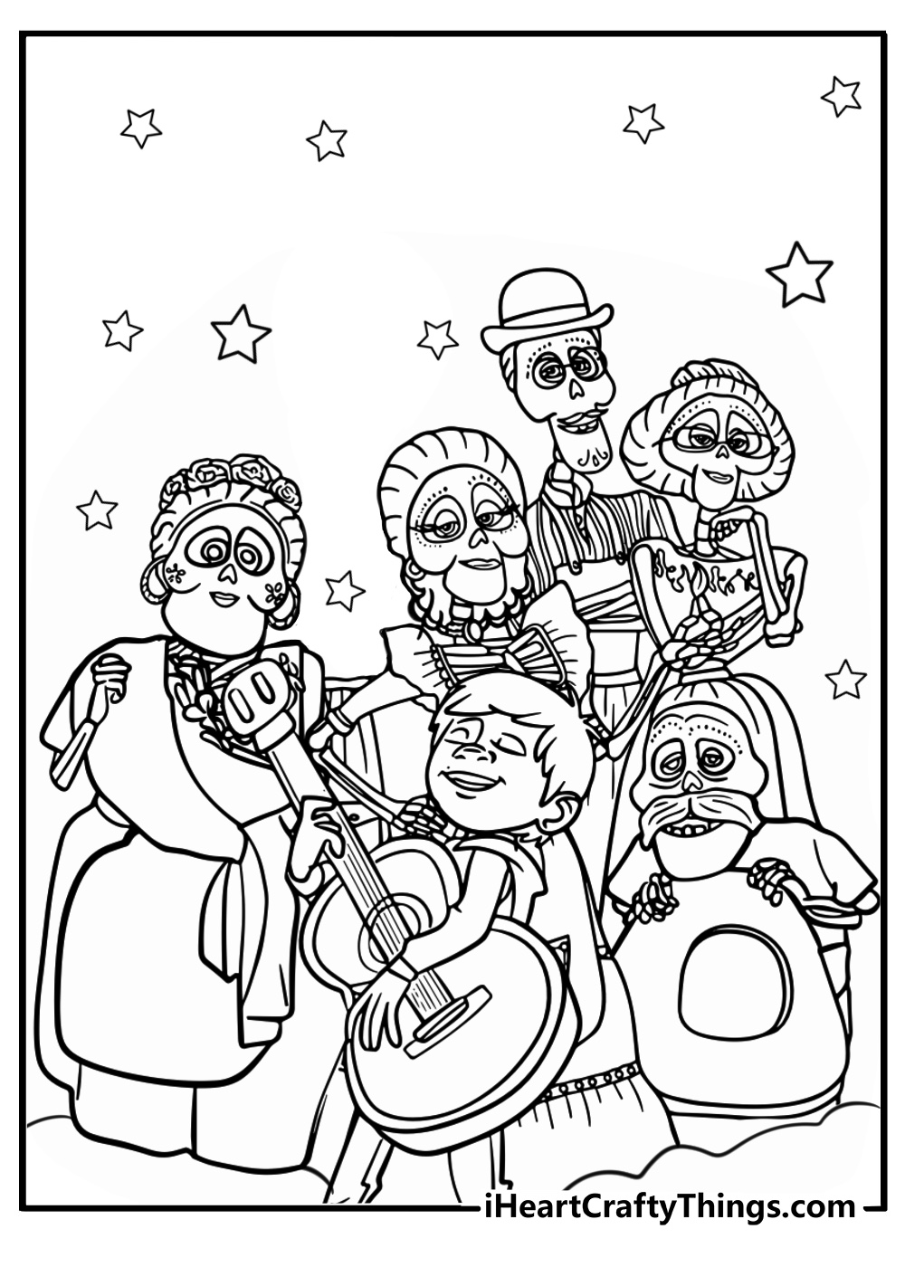 Coco family portrait detailed coloring sheet for kids