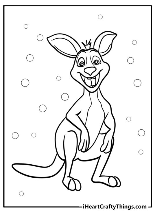 Coloring picture presenting cartoony kangaroo with a big grin surrounded by lots of circles