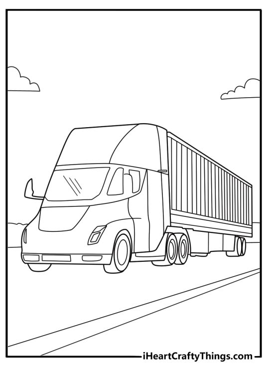 detailed coloring sheet of Tesla Semi truck on the highway