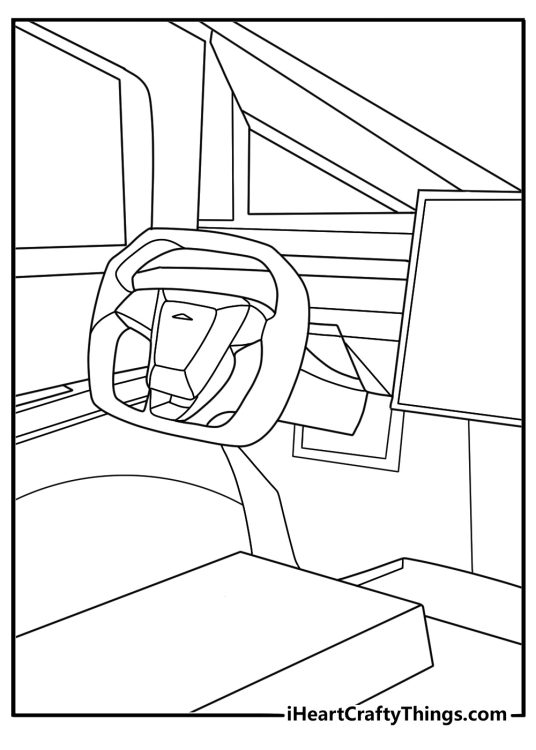 detailed coloring sheet of Tesla pickup truck interior for adults