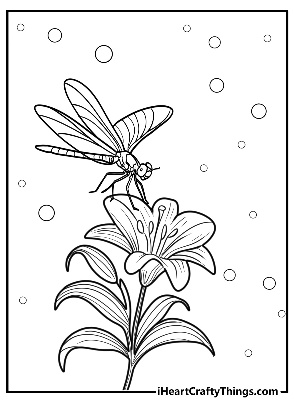 Detailed dragonfly close up on a flower coloring sheet