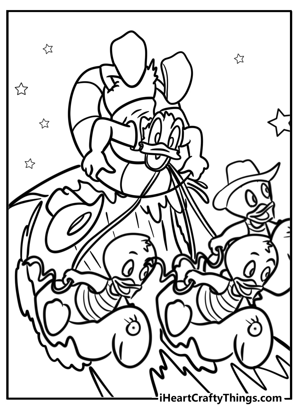 Donald duck and his nephews having fun printable coloring sheet