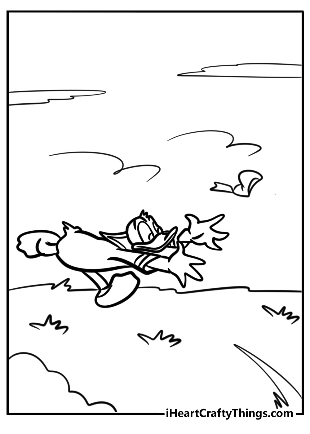 Donald duck chasing his hat detailed coloring sheet for kids