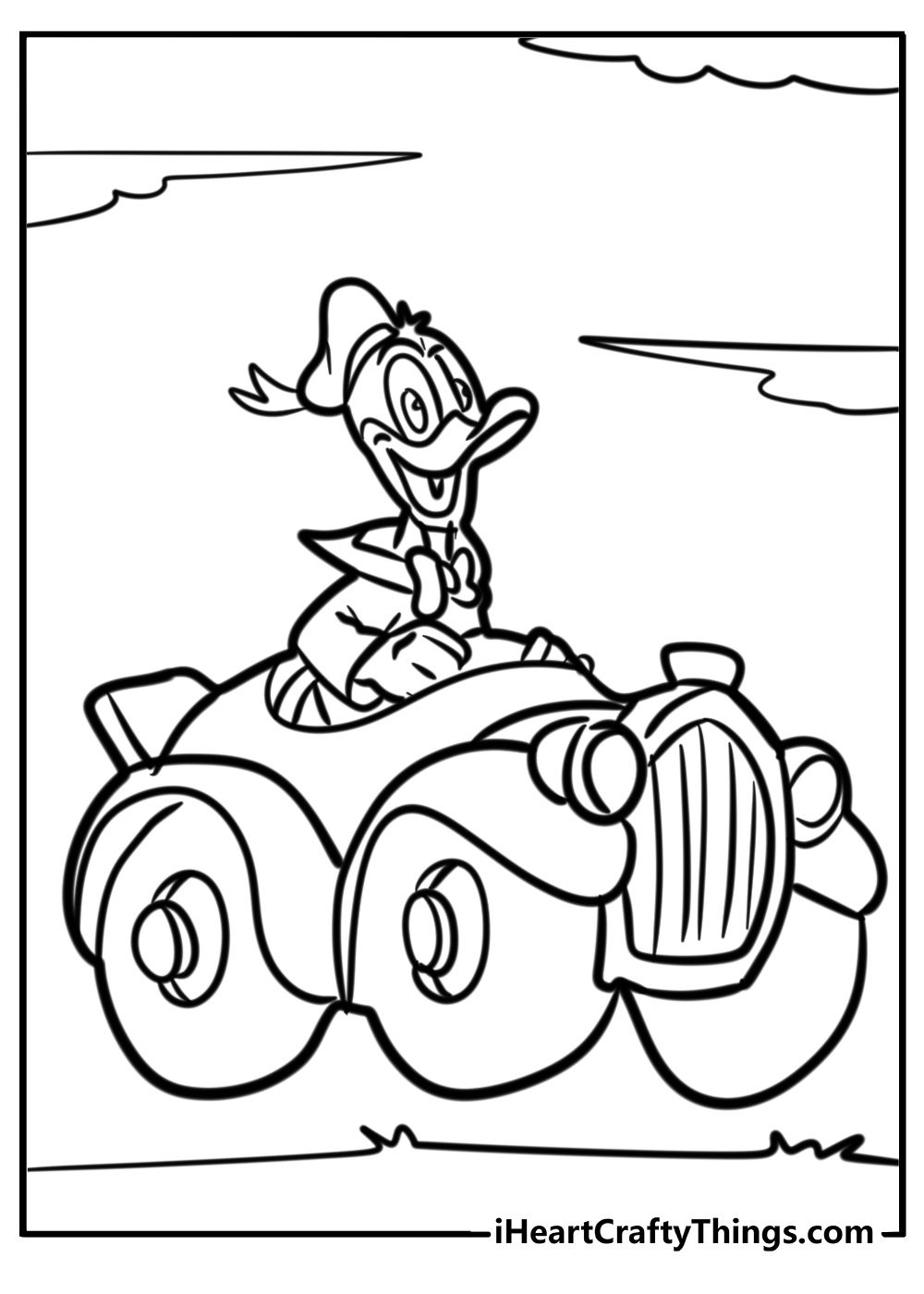 Donald duck driving a car coloring page