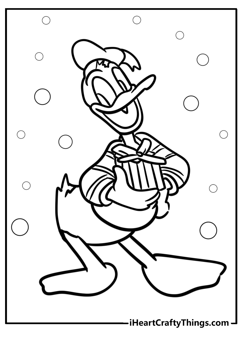 Donald duck holding a gift fun coloring sheet for kids