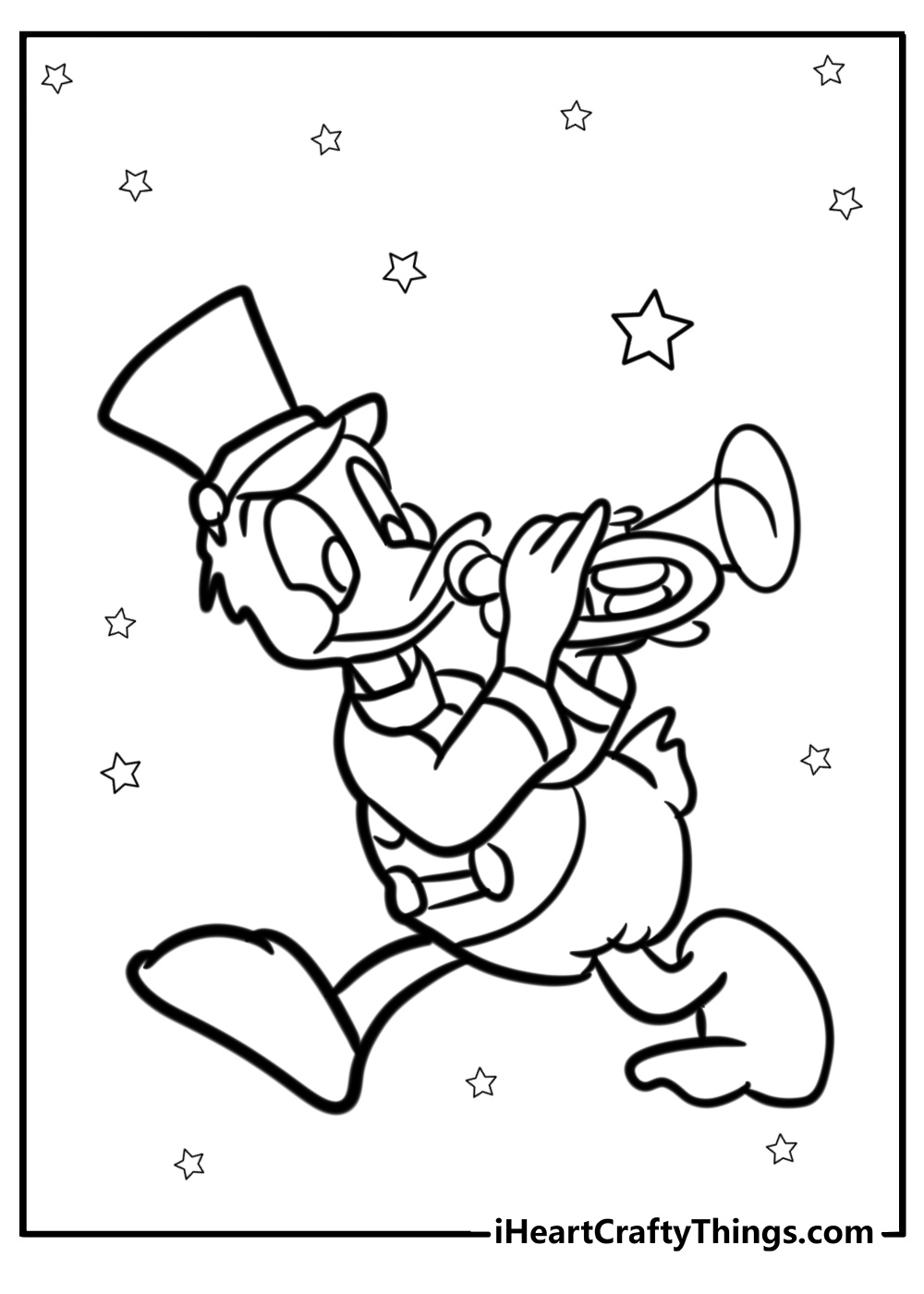 Donald duck playing the trumpet free printable coloring page