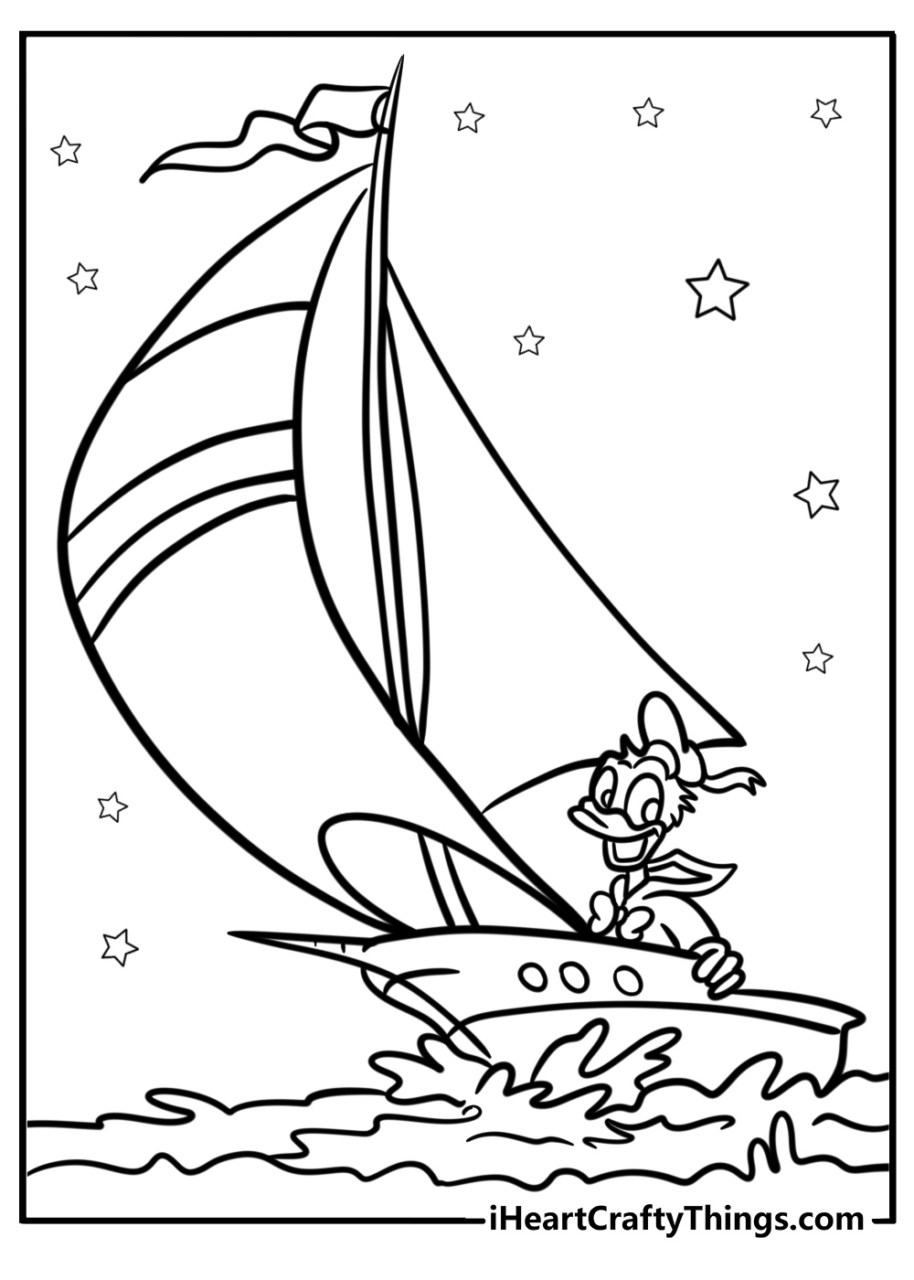 Donald duck sailing a boat coloring page for kids