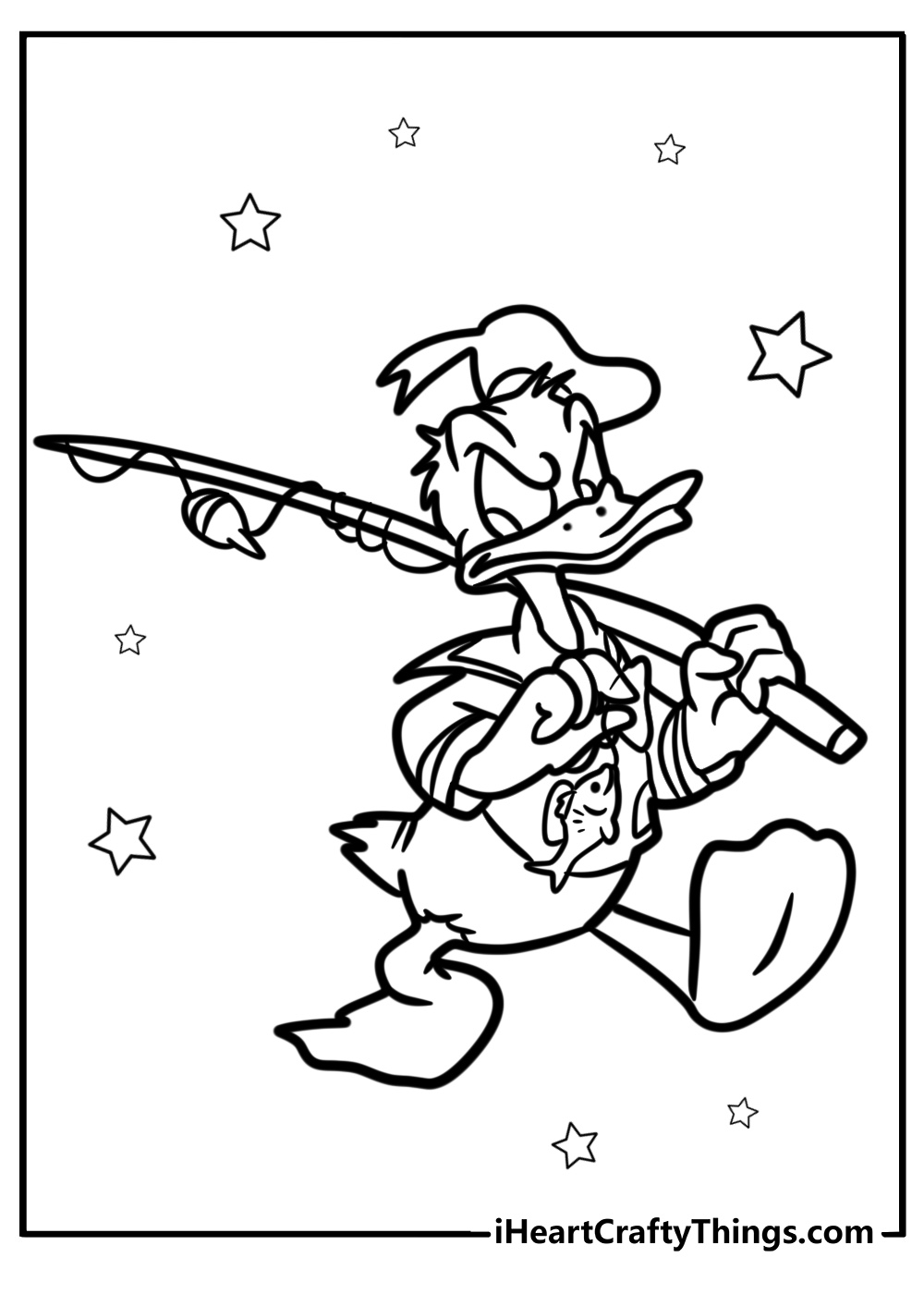 Donald duck with a fishing pole fun printable coloring sheet