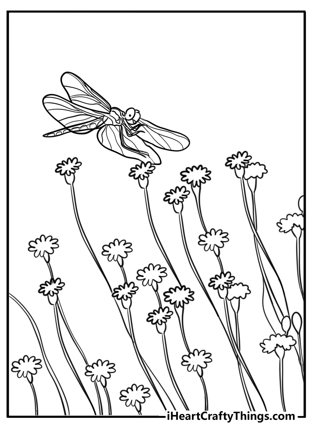 Dragonfly above a meadow fun coloring sheet