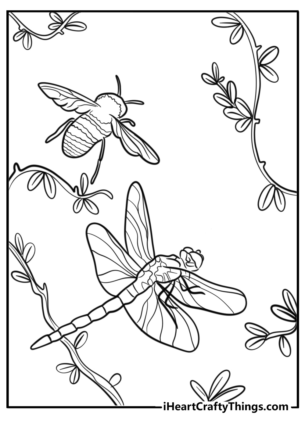 Dragonfly and bees flying free printable coloring page