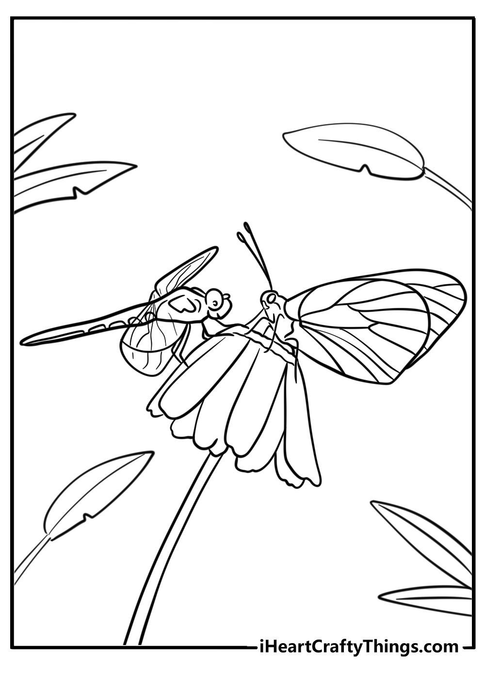 Dragonfly and butterflies together free coloring page pdf